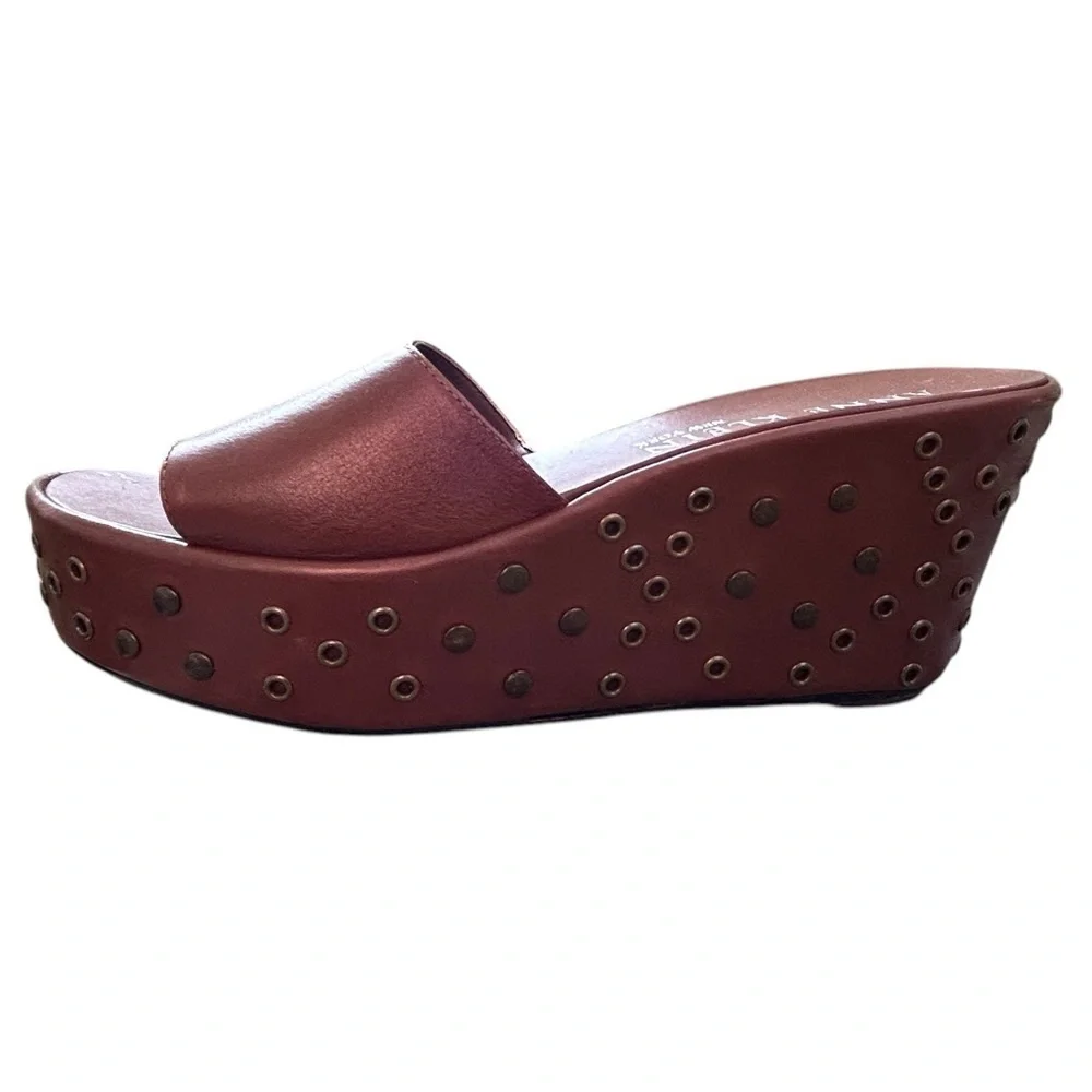 Anne Klein Leather Wedge Platforem Sandals w/ Metal‎ Studs & Rings Sz 10
